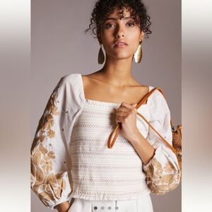 Anthropologie White and Gold Embroidered Blouse